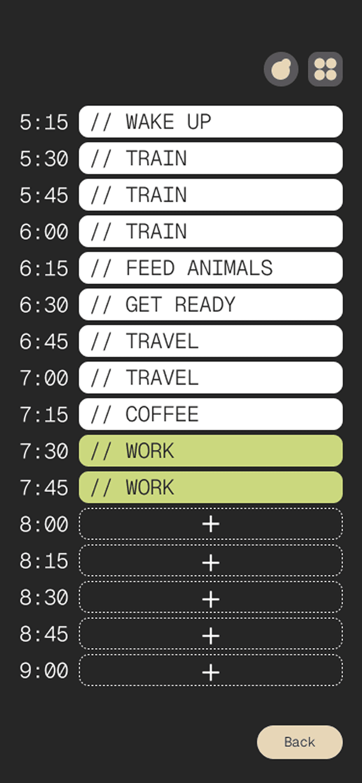 Daily timeline view in The 15 Minute App