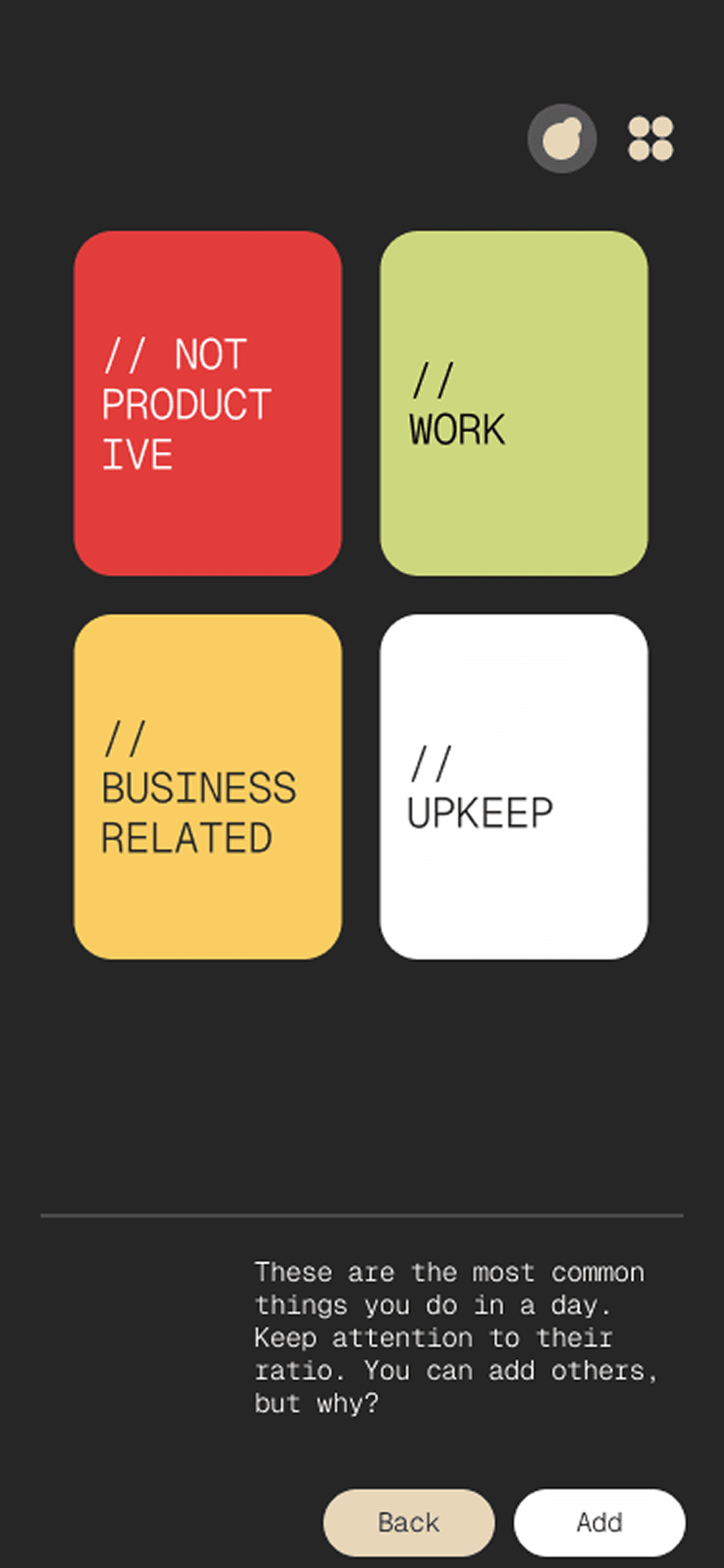 Activity cards for tracking time blocks
